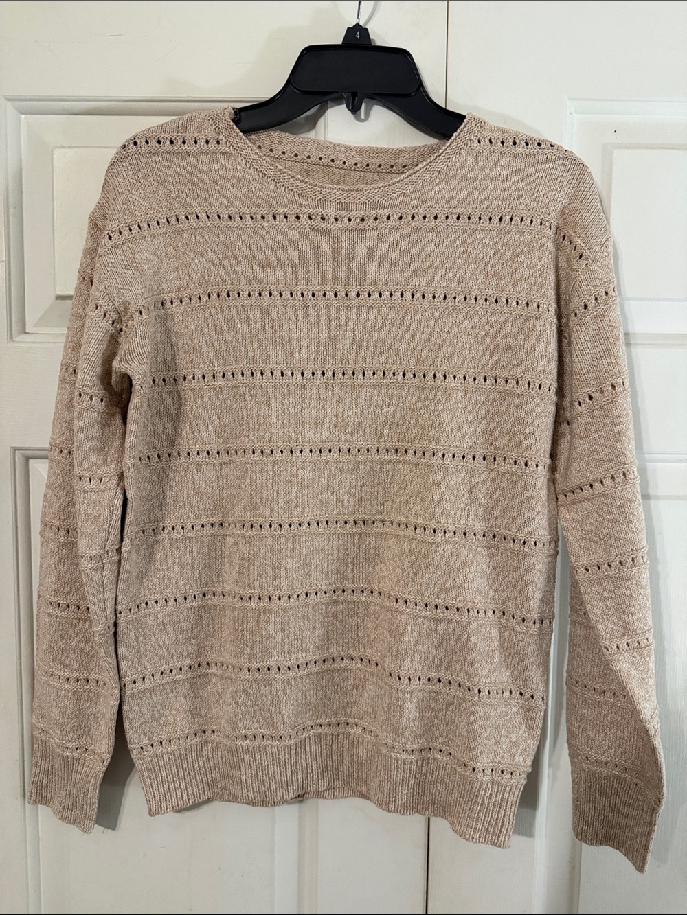 Light Beige Open-Knit Crewneck Sweater